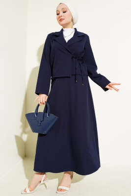 Pazarium - Yandan Bağlamalı Kruvaze Yaka Ceket Takım Lacivert