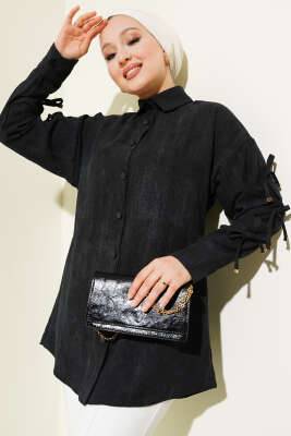 Pazarium - Batik Desen Kol Fiyonklu Gömlek Siyah