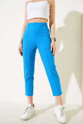 Pazarium - Çımalı Bel Fermuarlı Pantolon Mavi