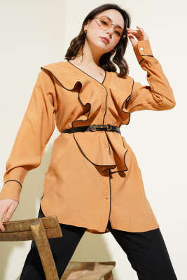 Pazarium - Önü Fırfırlı Biyeli Gömlek Latte