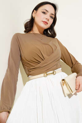 Çapraz Büzgülü Sandy Bluz Camel - Thumbnail