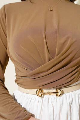 Çapraz Büzgülü Sandy Bluz Camel - Thumbnail