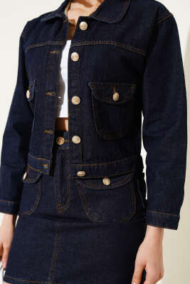 Gold Düğmeli Mini Etekli Kot İkili Takım Lacivert - Thumbnail