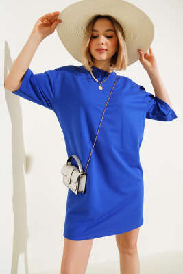 Pazarium - İki İplik Basic Uzun T-shirt Saks