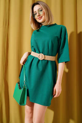 Pazarium - İki İplik Basic Uzun T-shirt Yeşil