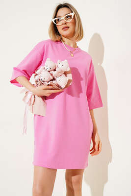 Pazarium - İki İplik Basic Uzun T-shirt Pembe