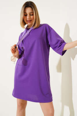 Pazarium - İki İplik Basic Uzun T-shirt Mor