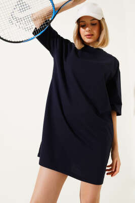 Pazarium - İki İplik Basic Uzun T-shirt Lacivert