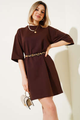 Pazarium - İki İplik Basic Uzun T-shirt Kahve