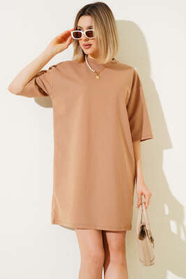 Pazarium - İki İplik Basic Uzun T-shirt Camel