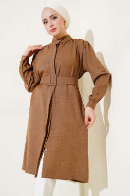 Pazarium - Hakim Yaka Kemerli Uzun Gömlek Kahve