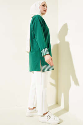 Şerit Ribanalı Kanguru Cepli Tunik Yeşil - Thumbnail