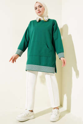 Şerit Ribanalı Kanguru Cepli Tunik Yeşil - Thumbnail