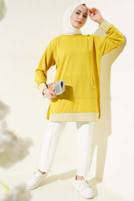 Şerit Ribanalı Kanguru Cepli Tunik Yağ Yeşili - Thumbnail