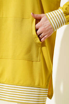 Şerit Ribanalı Kanguru Cepli Tunik Yağ Yeşili - Thumbnail