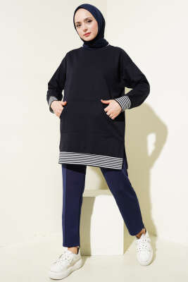 Şerit Ribanalı Kanguru Cepli Tunik Lacivert - Thumbnail