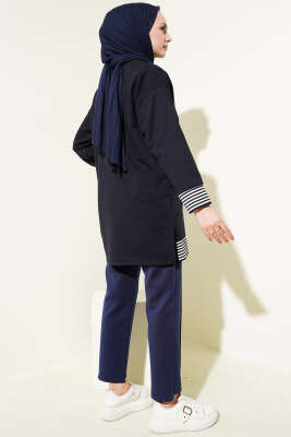 Şerit Ribanalı Kanguru Cepli Tunik Lacivert - Thumbnail