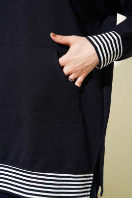 Şerit Ribanalı Kanguru Cepli Tunik Lacivert - Thumbnail