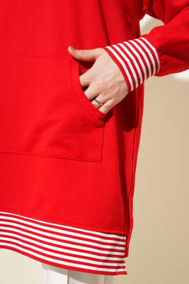 Şerit Ribanalı Kanguru Cepli Tunik Kırmızı - Thumbnail