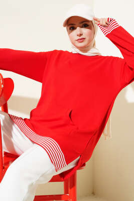 Şerit Ribanalı Kanguru Cepli Tunik Kırmızı - Thumbnail