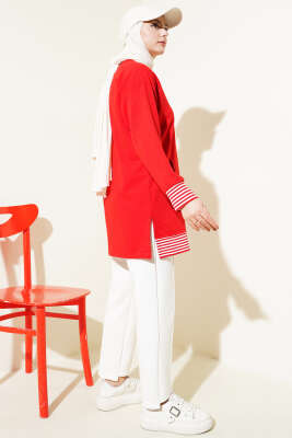 Şerit Ribanalı Kanguru Cepli Tunik Kırmızı - Thumbnail