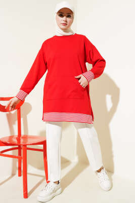 Şerit Ribanalı Kanguru Cepli Tunik Kırmızı - Thumbnail