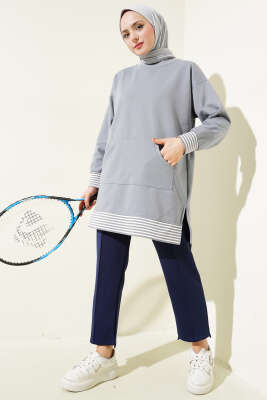 Şerit Ribanalı Kanguru Cepli Tunik Kayrak Grisi - Thumbnail