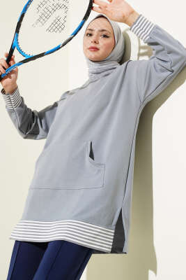 Şerit Ribanalı Kanguru Cepli Tunik Kayrak Grisi - Thumbnail