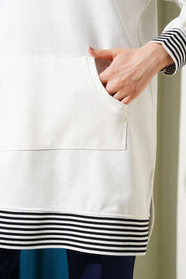 Şerit Ribanalı Kanguru Cepli Tunik Ekru - Thumbnail