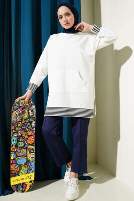 Şerit Ribanalı Kanguru Cepli Tunik Ekru - Thumbnail