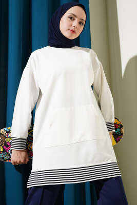 Şerit Ribanalı Kanguru Cepli Tunik Ekru - Thumbnail