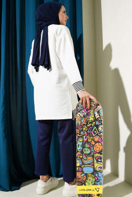 Şerit Ribanalı Kanguru Cepli Tunik Ekru - Thumbnail