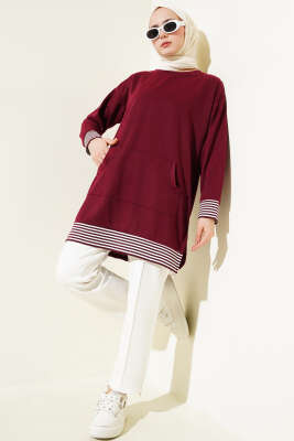 Şerit Ribanalı Kanguru Cepli Tunik Bordo - Thumbnail