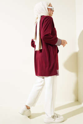 Şerit Ribanalı Kanguru Cepli Tunik Bordo - Thumbnail