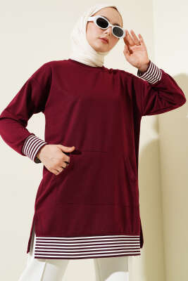 Şerit Ribanalı Kanguru Cepli Tunik Bordo - Thumbnail