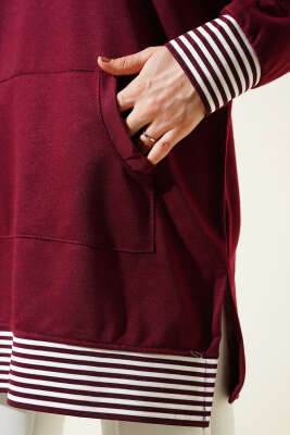 Şerit Ribanalı Kanguru Cepli Tunik Bordo - Thumbnail