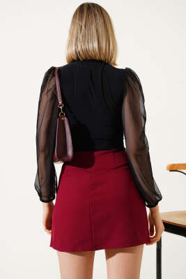 Tül Kol Büzgülü Sandy Bluz Siyah - Thumbnail