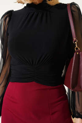 Tül Kol Büzgülü Sandy Bluz Siyah - Thumbnail