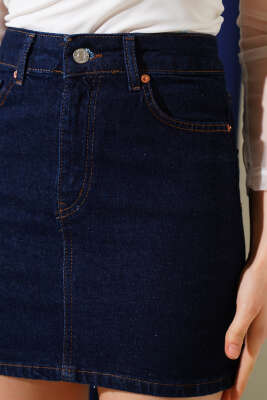 Cepli Düğmeli Mini Kot Etek Lacivert - Thumbnail