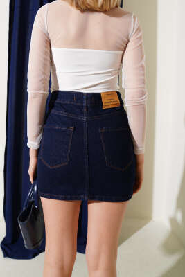 Cepli Düğmeli Mini Kot Etek Lacivert - Thumbnail