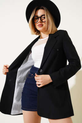 Pazarium - Tek Düğmeli Astarlı Blazer Ceket Siyah