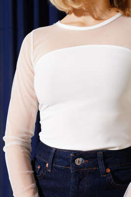 Omuz Kol Tüllü Bluz Beyaz - Thumbnail