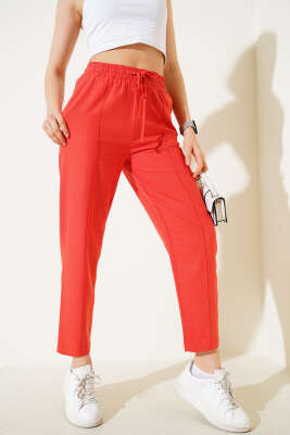 Pazarium - Dar Paça Çımalı Bel Lastikli Pantolon Kiremit