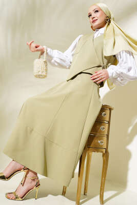 Asimetrik Yelekli Etek İkili Takım Çağla Yeşili - Thumbnail