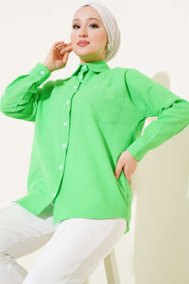 Pazarium - Tek Göğüs Cepli Basic Gömlek Yeşil