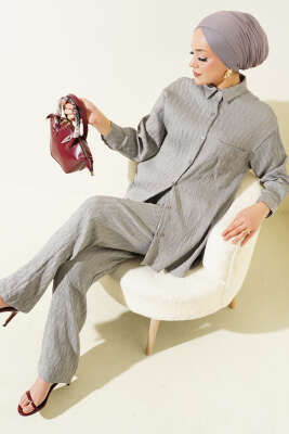 Pazarium - Göğüs Cepli Ağaç Kabuğu İkili Takım Gri