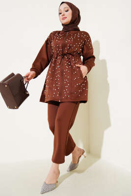 Pazarium - İnci Süslemeli Scuba İkili Takım Kahve