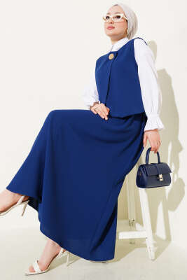 Pazarium - Gold Düğmeli Yelekli Etekli İkili Takım Lacivert