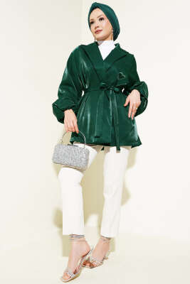 Balon Kol Kuşaklı Parlak Ceket Zümrüt - Thumbnail