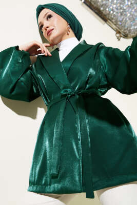 Balon Kol Kuşaklı Parlak Ceket Zümrüt - Thumbnail